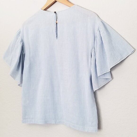 Pomandere Flutter Sleeve Top Blue Stripe 2 Cotton Hemp Blend Airy Lightweight - Picture 7 of 16